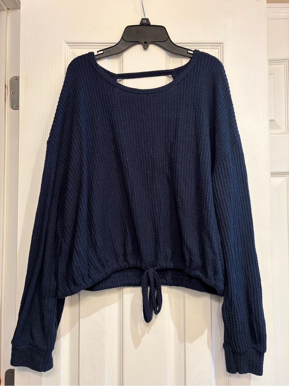 Hollister Navy Textured Crewneck Sweater with Tie Hem